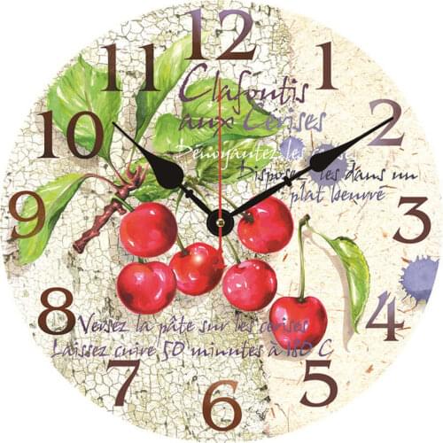 Wooden Round Clock Cherry Fruit Apple Bird Arab Numerals Large Vintage Silent Wall Clock Decorative for Retro Home Wall