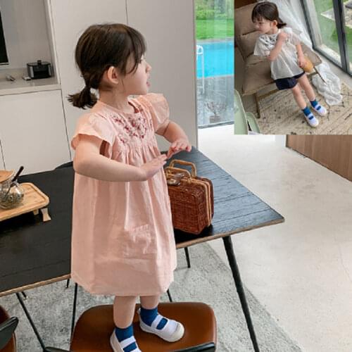 Embroidery Flower Children Spring Summer Solid Color Girls Dresses Trendy Costume Ruffle Princess Birthday Party High Quality