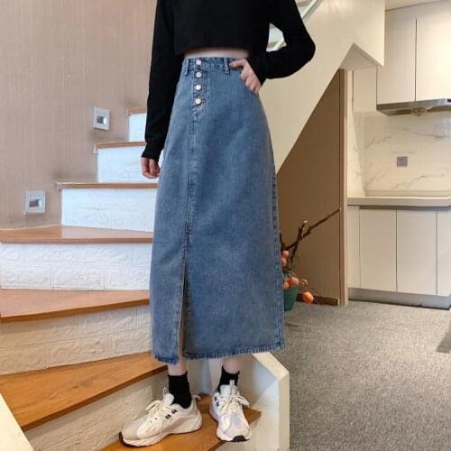 Denim Skirt High Waist Vetement Femme 2021Spring New Falda Vaquera Mujer Split Fork Jupe Taille Haute Vintage Saia Jeans A163