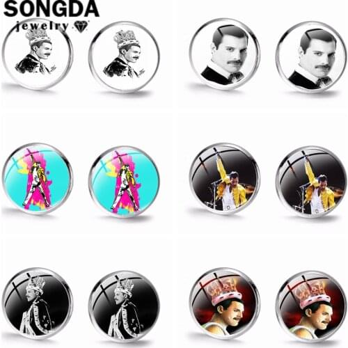 SONGDA Classic 90s Queen Freddie Mercury Stud Earrings Handmade Art Photo Glass Cabochon Earrings Fans Best Gift Vintage Jewelry