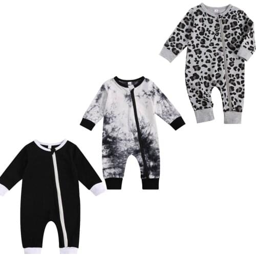 0-24M Baby Zipper Romper Trendy Print Long Sleeve Crew Neck One Piece Jumpsuit