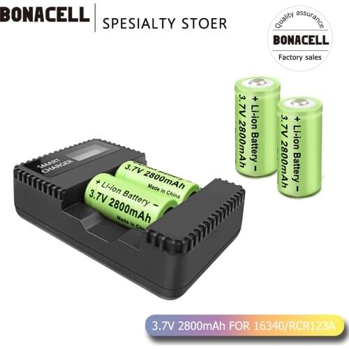 Bonacell 3.7V Li-ion Battery 2800mAh 16340 CR123A RCR123A CR17345 DL12Rechargeable Battery+LCD Charger for Arlo Security Camera