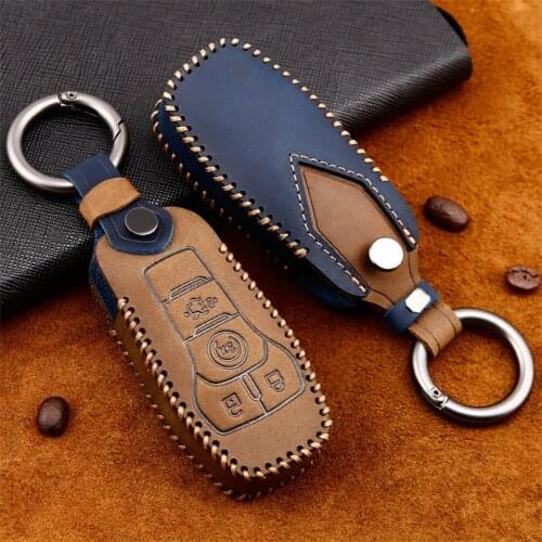 Genuine Leather Handmade Car Key Cover Key Case For Ford Fusion Mondeo Mustang F-150 Explorer Edge 2015-2018 Remote Key Shell