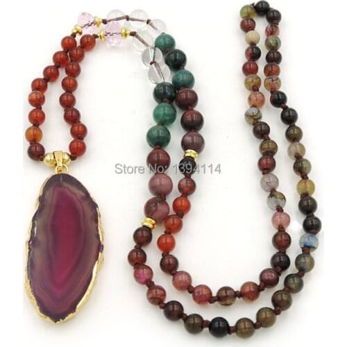 Pink Agat e Slice Pendants Necklaces Mookaite Moss Agat e Clear Quartz Round Beads Knot Handmade