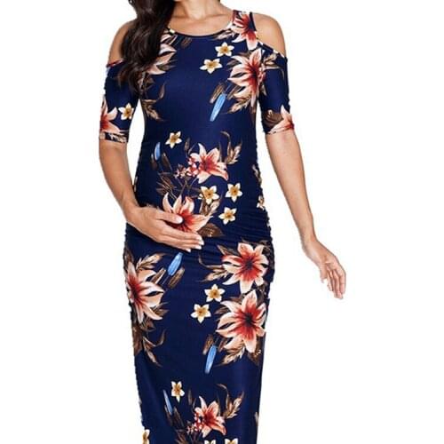 Leaking Shoulder Pregnant Women Dresses Clothes Women Print Short Sleeve Maternity Dress 2020 Summer Fashionable Casual Dresses