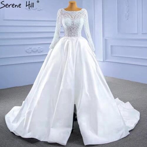 Serene Hill White Satin High Split Wedding Dresses 2021 A-Line Lace Beaded Bride Gowns HM67292 Custom Made