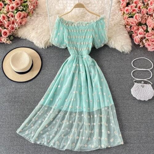 Summer new printed chiffon Dress Square collar French retro temperament reduces age woman dress Puff sleeve dresses for women