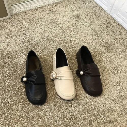 Chic Elegant Pearl Leather Loafers Women Fashion Shallow Round Toe Oxfords Shoes Classics Moccasins Designer Office Lady Flats