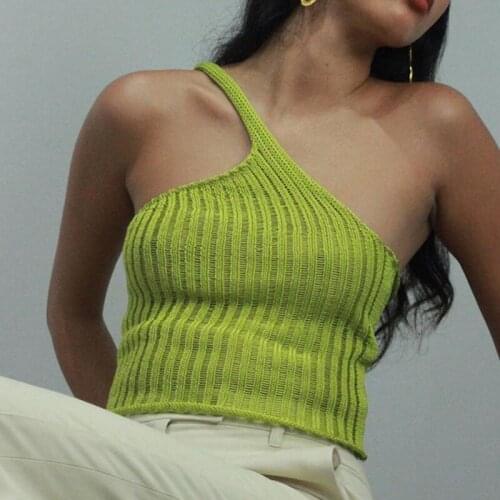 Female Skew Collar Knitted Asymmetry Fashion Summer Tank Top Sleeveless One Shoulder Straps Short Midriff Open Back Cropped Tops
