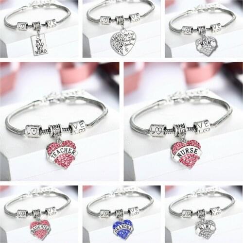 Engraved MOM MIMI Daughter NANA Grandma Teacher Nurse Family Gifts Love Heart Rhinestone Charm Pendant Bangle Bracelet