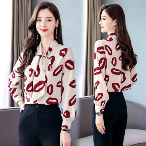 High Quality Red Lips Print Womens Clothing Long-Sleeved Chiffon Lady Blouse Shirt Fashion Printing Chiffon Suit