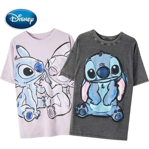 Disney T-Shirt Chic Stitch Angel Cartoon Print Harajuku Women T-Shirt O-Neck Short Sleeve Streetwear Cotton Tee Tops 2 Colors