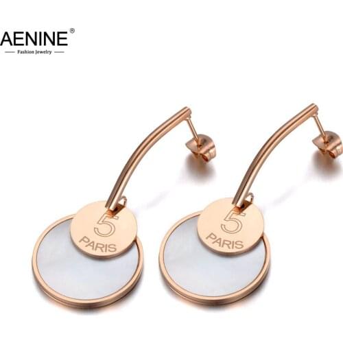 AENINE Titanium Stainless Steel Double Round Disc Stud Earrings For Women Girls Trendy Shell & Acrylic Earrings Jewelry AE19249