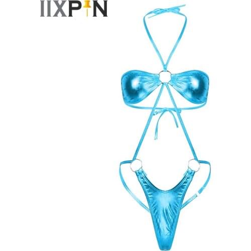 Womens One-piece Swimsuit Shiny Metallic Sexy Lingerie Halter Neck Backless Slingshot Mini Trikini Thong Teddy Bodysuit Swimwear