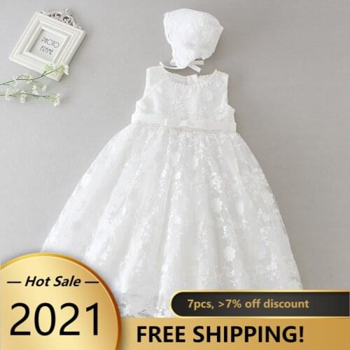 White Long Christening Gown Baptism Dress with Tatted Lace Bonnet Lace Sleeveless Baby Wedding Dedication Dresses First Birthday