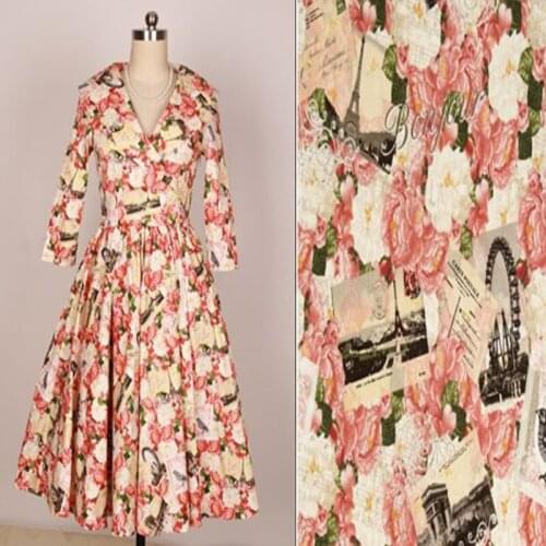 50x140cm Romantic Pink Flower Post Card Printed Cotton Spandex Fabric For DIY Sewing