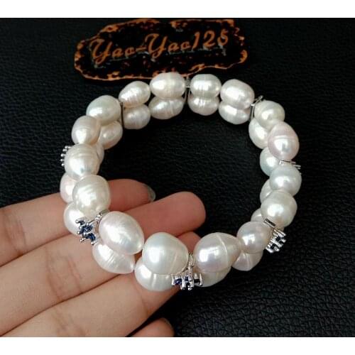 8" natural Cultured White Rice freshwater Pearl blue Cz flower Spacer Stretch Bracelet Handmade jewelry for women