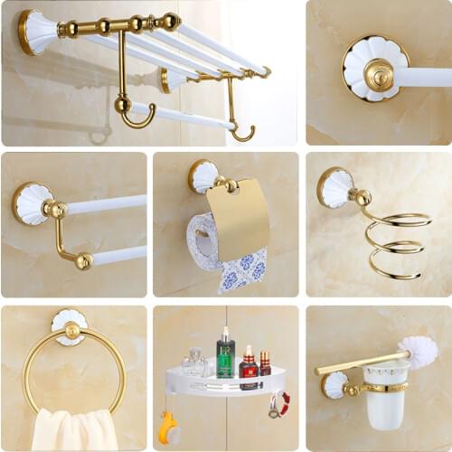Bathroom Accessories Corner Shelf Paper Holder,Towel Holder,toilet Brush Holder Towel Rack, Gold and White bathroom Hardware