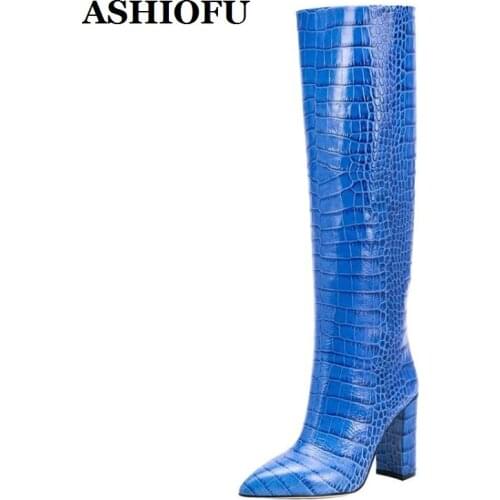 ASHIOFU New Style Handmade Womens Chunky Heel Boots Sexy Party Prom Knee-high Boots Winter Evening Fashion Half Boots Shoes