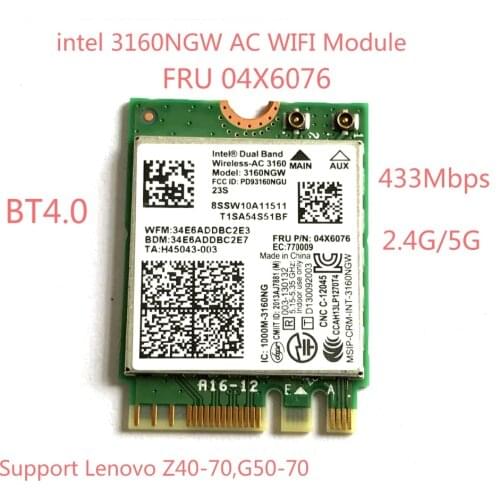 Dual Band Wireless AC 3160 Wifi Bluetooth NGFF FRU 04X6076 For G50-70 Z40-70 Intel 3160NGW 802.11ac Wifi+BT 4.0 Card