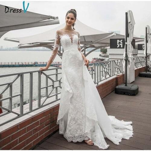 Ivory wedding dress elegant scoop neck 3/4 sleeves appliuqes sheath beading lace button outdoor&church wedding dresses