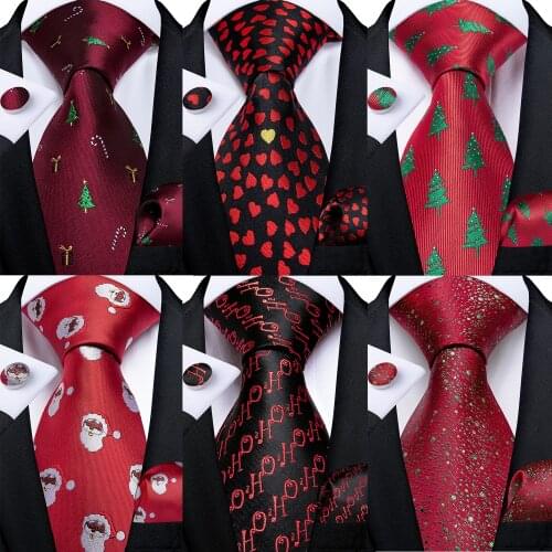 8cm Red Mens Silk Tie Handkerchief Cufflinks Set Red Blue Printed Christmas Tie Festival Gift Wedding Party Gravatas DiBanGu