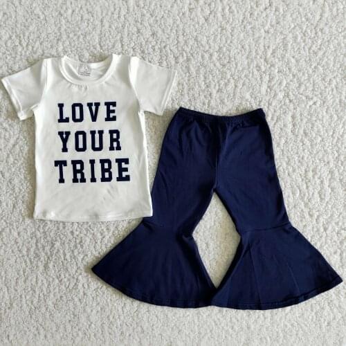 Summer new style white T-shirts navy bell bottom pants kids clothing baby girls clothes wholesale outfits no minimum order