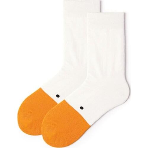 Kawaii Yellow White Casual Style 1Pair Cute Goose Head Pattern Crew Socks Long Tube Socks Cotton Breathable for Ladies Women Sox
