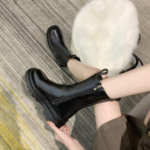 2021 NEW Women Boots Leather Platform Boots Black Martin Boots Lace Up Ankle Boots Motorcycle Thick Heel Platform Heels Footwear