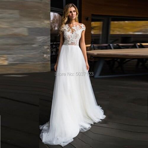 Beach A Line Tulle Wedding Dresses Cap Sleeves Lace Appliques Mariage Bridal Gown Vestido De Noiva Sweep Train Button Illusion