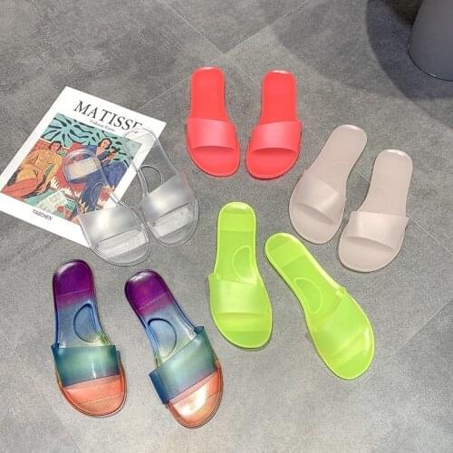 2021 Women Sandals Casual Korean Transparent Crystal Jelly Bathroom Shoes Cool Drag Outdoor Flat Bottom Beach Shoes Large