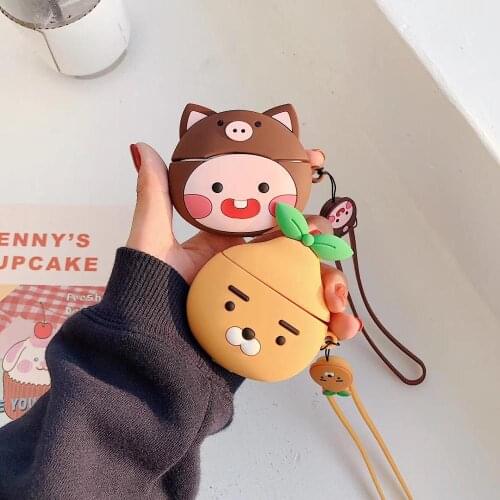 For Apple Airpods pro 2 1 Cute 3D Orange bear Peach Lanyard Bluetooth Wireless Silicone Case Charging Headphone Case cover