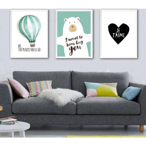 Nordic Art Cartoon Bear Balloon Canvas Poster Minimalist Painting Funny Wall Picture Print Modern Children Room Decoration