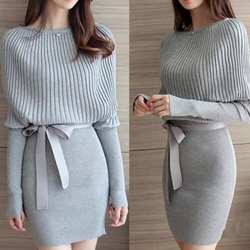 Spring Autumn 2021 Knit Women Dress Fashion Solid Color Elegant Sexy Bag Hip Knit Dress High Street Sashes O-Neck Mini Dresses