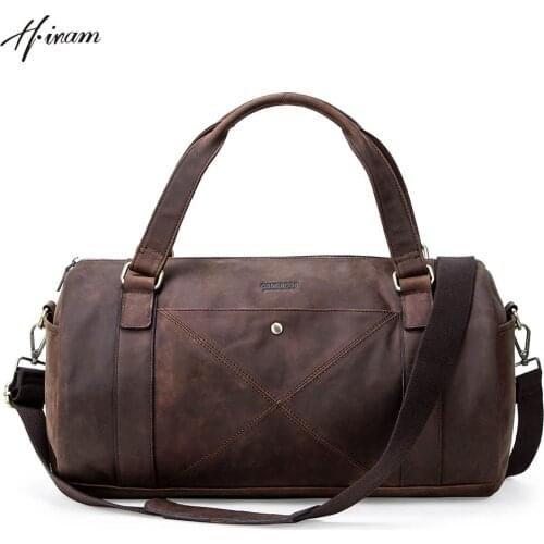 Vintage Contacts genuine crazy horse leather men travel bag retro male duffle bag Luggage bag handbag shoulder bags for men