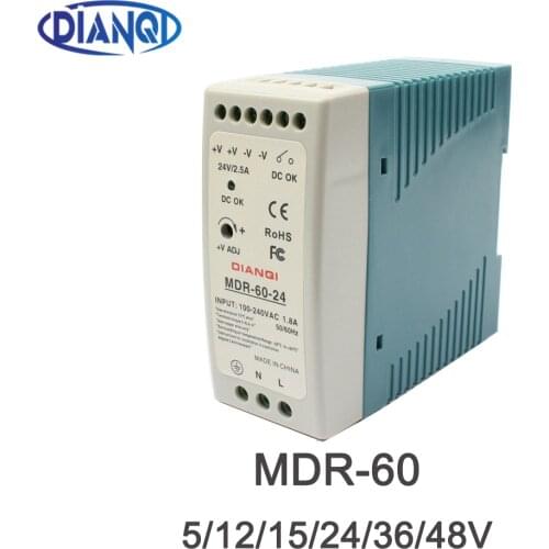High Quality AC/DC Industrial Din Rail Power Supply Switch MDR-60-24 60W 5V 12V 15V 24V 36V 48V Single Output Switching