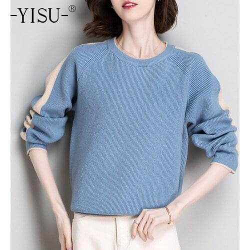 YISU 2020 Winter Women Sweater Solid color O-Neck Fashion Female Simple Jumper Casual Stripe Knitted pullover Warm Winter tops