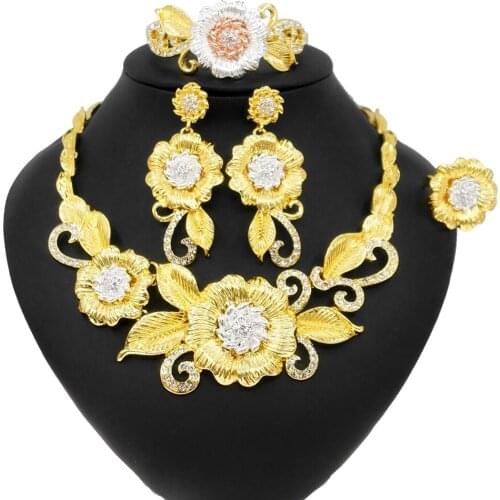 Yulaili Dubai Gold Jewelry Sets for Women Wedding African Beads Bridal Flower Shape Necklace Earrings Bracelet Ring Jewelry Set