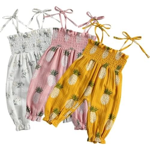 Lovely Infant Baby Girls Rompers Flowers Print Sleeveless Belt Long Trousers Jumpsuits 0-24M
