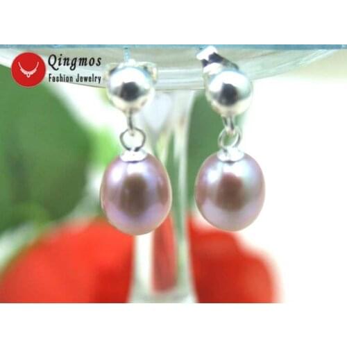 Qingmos Natural Pearl Earrings for Women with 7-8mm Drop Purple Pearl Dangle Earring Jewelry Sterling Silver S925 Stud ear146