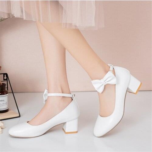 Size 43 Women strap pumps bows platform high heels round toe party wedding shoes black white red