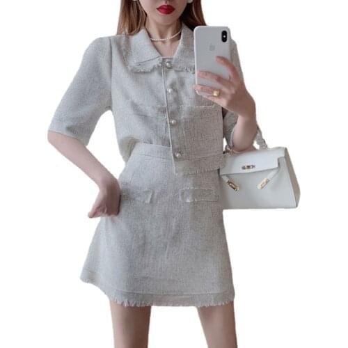 Fashion Summer Women Two Piece Skirt Sets Single Breast Short Shirt Crop Top&High Waist Tassel Hem Mini Skirt 2pc Dress Outfits