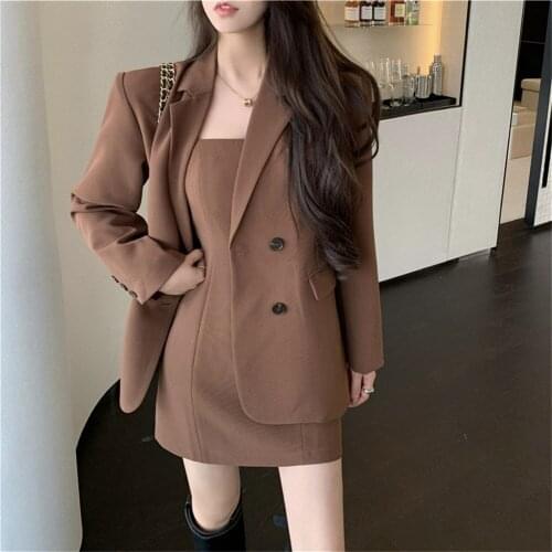 Alien Kitty Women High Quality Two Pieces Sets Fashion Slim-Fit Brown Blazers Casual Elegant Work Wear Autumn Slip Mini Dress