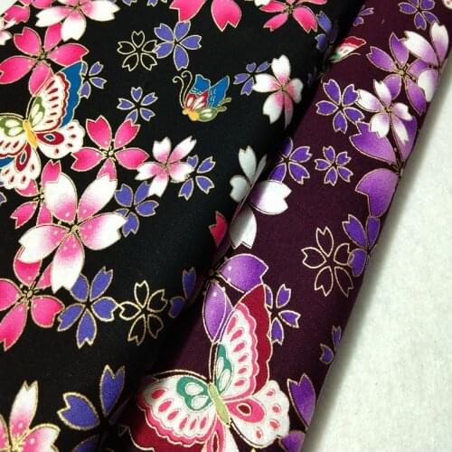 Gold Stamping Thick Black Purple Butterfly Kimono Sakura Cherry Blossoms Flower Printed Cotton Fabric 50x140cm Floral Fabric f