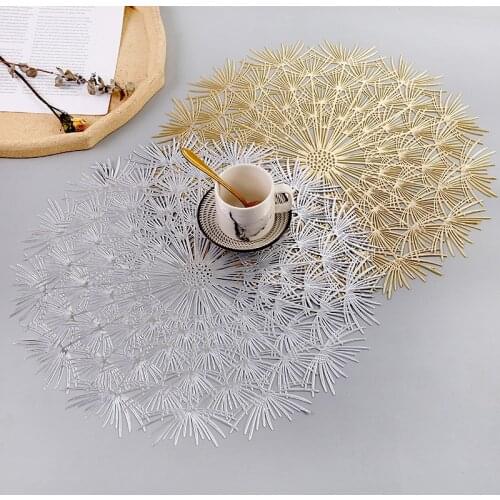 1Pc 38cm Golden Hollow Dandelion Embroidered Round Table Mat PVC Non-slip Placemats Mat Durable Coaster Plate Insulation Heat
