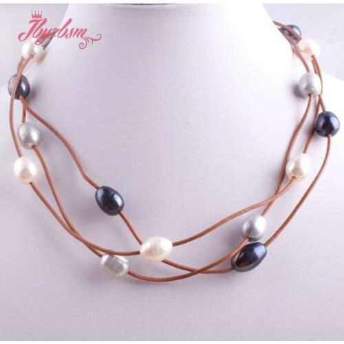 10-12mm Oval Freshwater Pearl Natural Stone Beads For Christmas New Year Gift Jewelry Leather Necklace Lobster Clasp 16"
