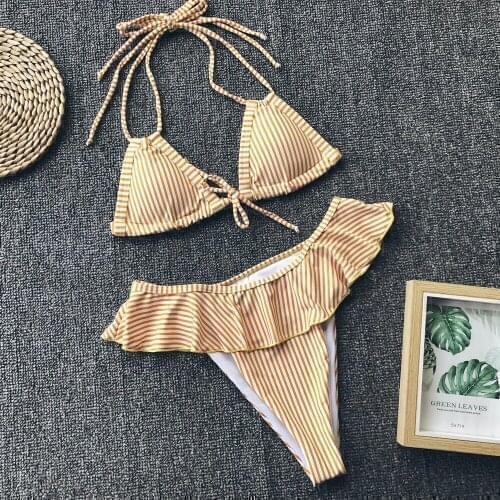 2020 AliExpress Bikini Sweet Simple Yellow Striped Bikini Ruffled Ladies Swimsuit Bikini YY-43