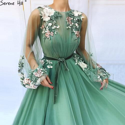 2020 Sheer Long Sleeve See through Evening Dresses Green A-line Formal Dress Party Handmade Flower Robe De Soiree BLA6661