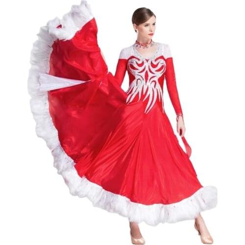 B-18429 Red Ballroom Smooth Competition Dance Dress With Ostrich Feather Ballroom Smooth Competition Dance Dress For Sale