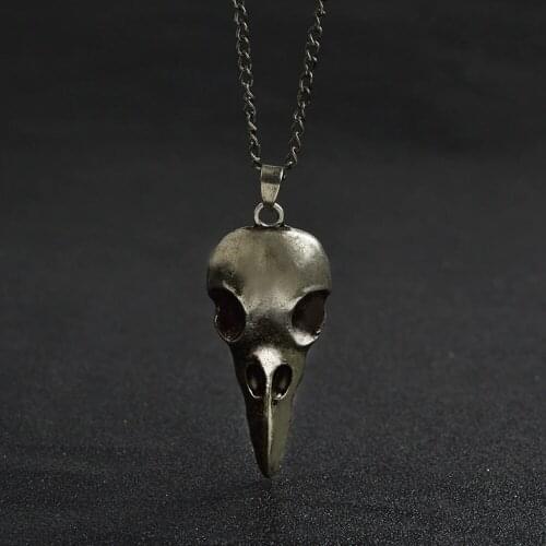 Bronze Men Necklace Gothic Nordic Viking Raven Skull Amulet Rune Crow Chain Punk Style Halloween Pendant Necklace Jewelry